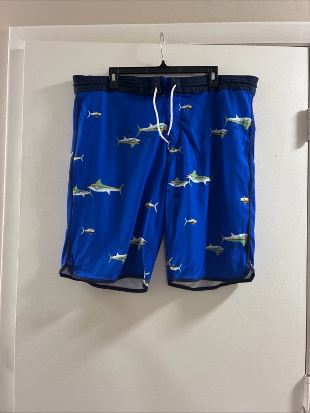 Men's Blue Fish-Print Swim Board Shorts with Drawstring
